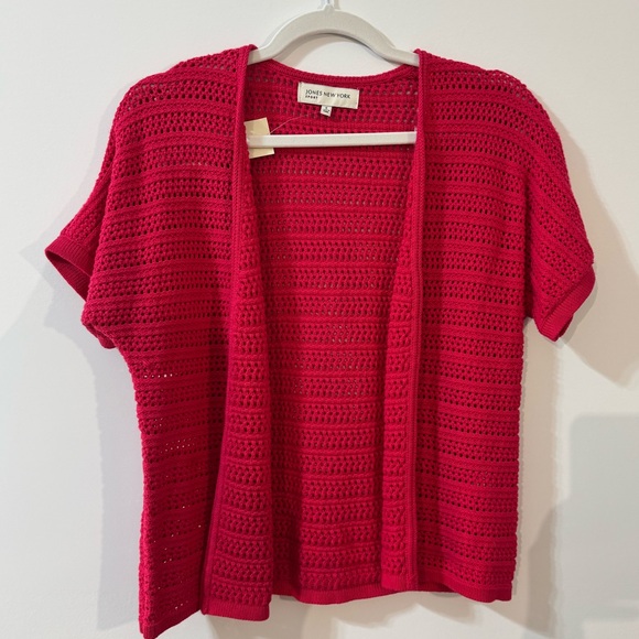 Jones New York Open-Front Short Sleeve Crochet Cardigan - Fuchsia - Picture 2 of 6